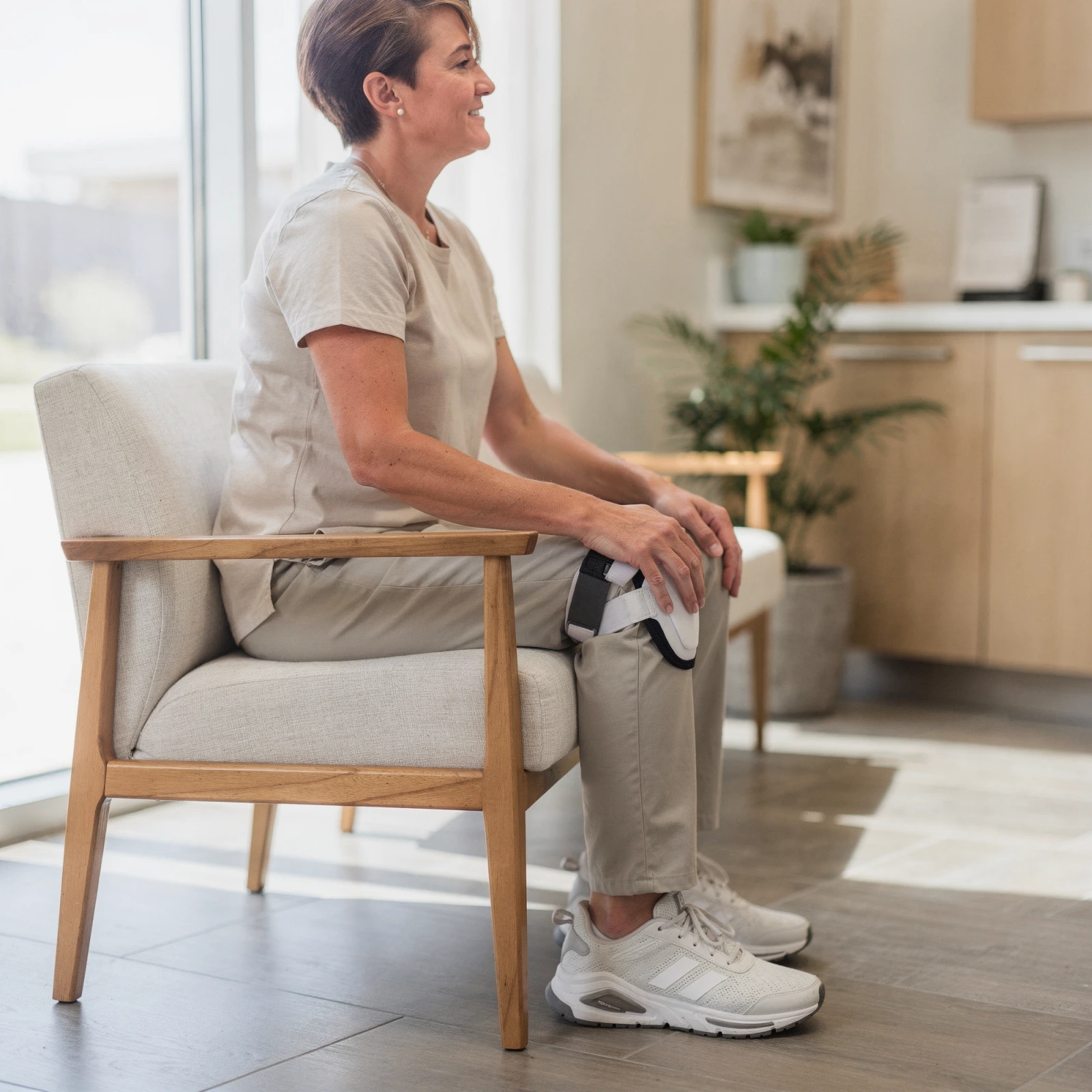 Woman sitting in a modern clinic chair holding an ankle brace, demonstrating orthopedic support